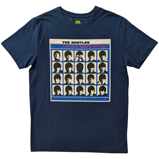 Black t-shirt featuring the cover art of The Beatles’ “A Hard Day’s Night” album.