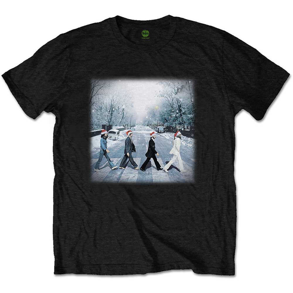 White t-shirt with The Beatles in winter clothing crossing a snowy street.