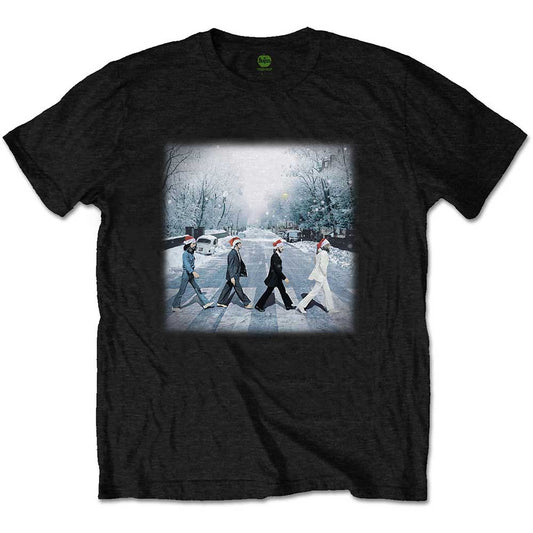 White t-shirt with The Beatles in winter clothing crossing a snowy street.