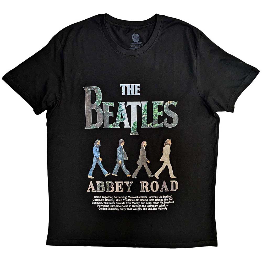 Large black unisex t-shirt featuring the iconic Beatles Abbey Road crossing graphic.