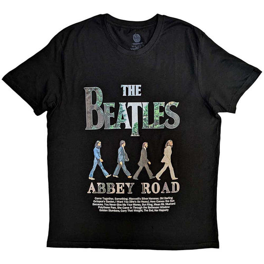Large black unisex t-shirt featuring the iconic Beatles Abbey Road crossing graphic.
