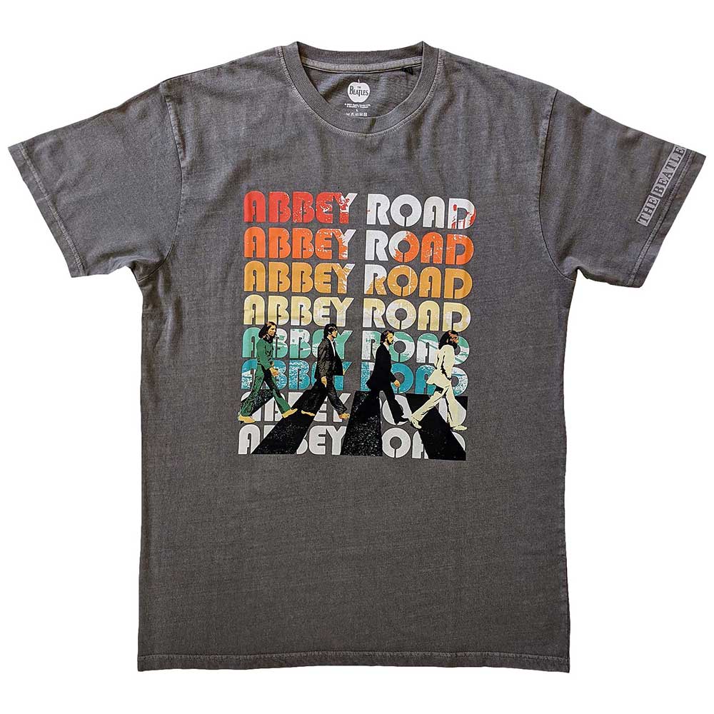 Black unisex t-shirt featuring a stacked Abbey Road logo with graphic sleeve prints.