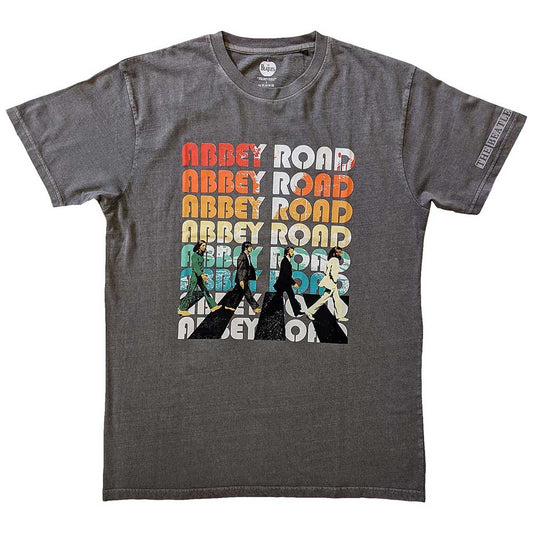 Black unisex t-shirt featuring a stacked Abbey Road logo with graphic sleeve prints.