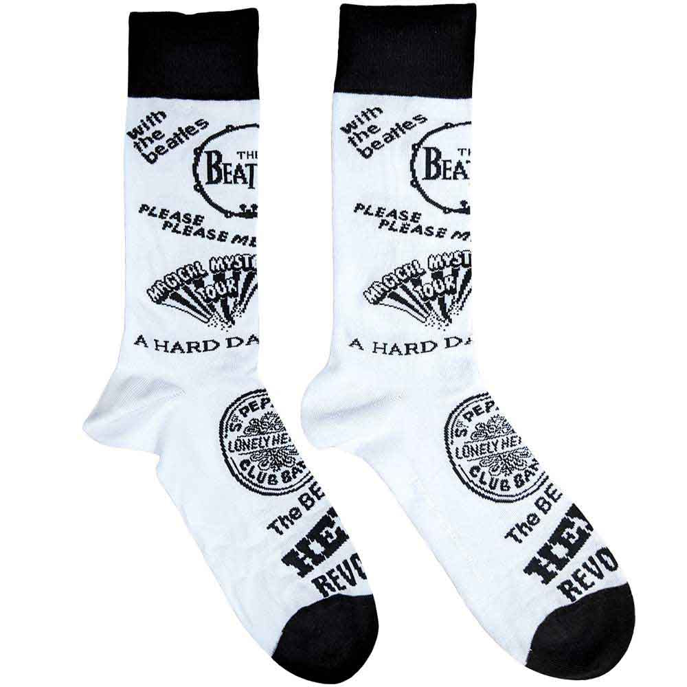 Pair of white Beatles-themed ankle socks with black album cover text.