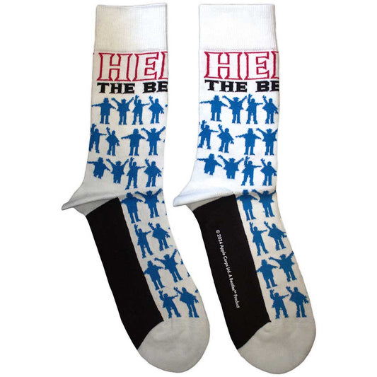 White ankle socks featuring a repeating black silhouette pattern of The Beatles.