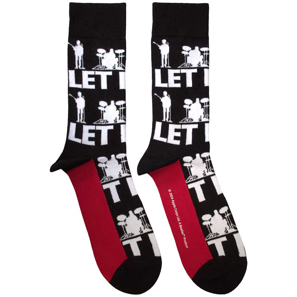 Black ankle socks featuring a repeating white silhouette pattern of The Beatles.