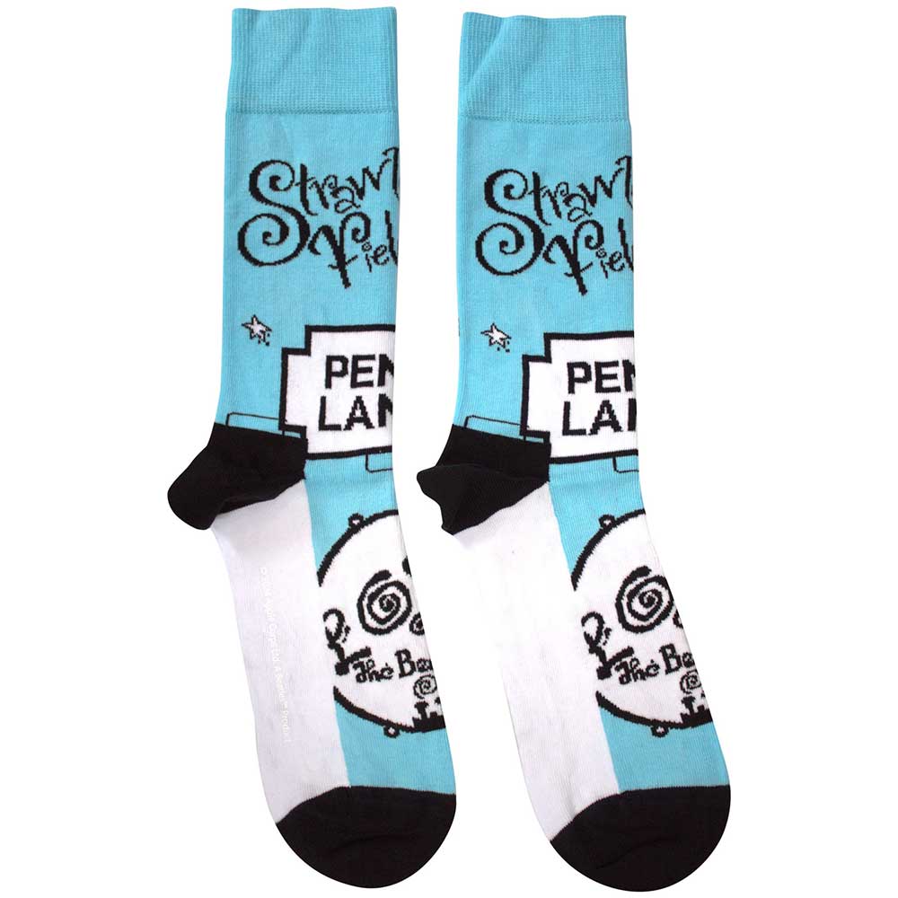 Beatles-themed ankle socks, featuring imagery of Strawberry Fields and Penny Lane.