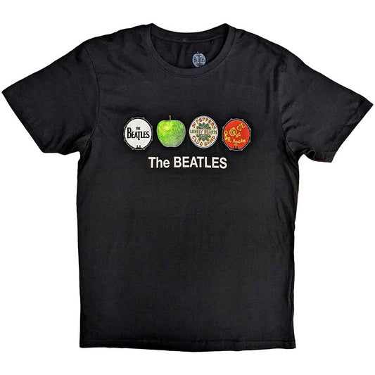 Black unisex t-shirt featuring a graphic of a Beatles drum kit and apple logo.