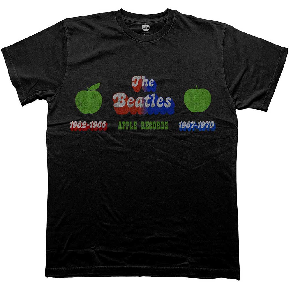Black unisex t-shirt featuring The Beatles Apple Records logo on the front.