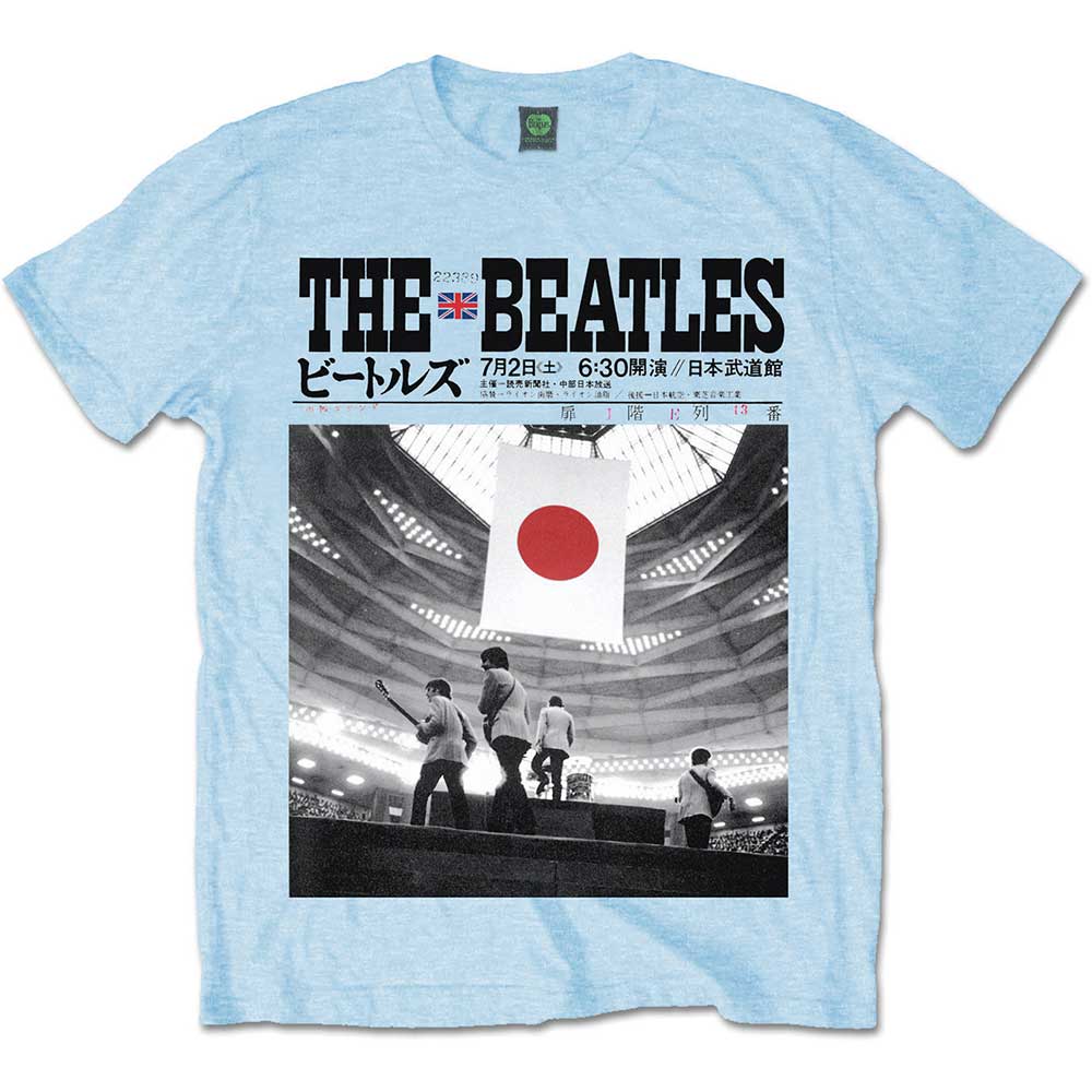 Blue Beatles t-shirt with a black and white Budokan concert graphic.
