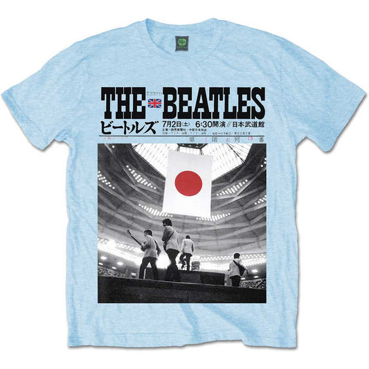Blue Beatles t-shirt with a black and white Budokan concert graphic.