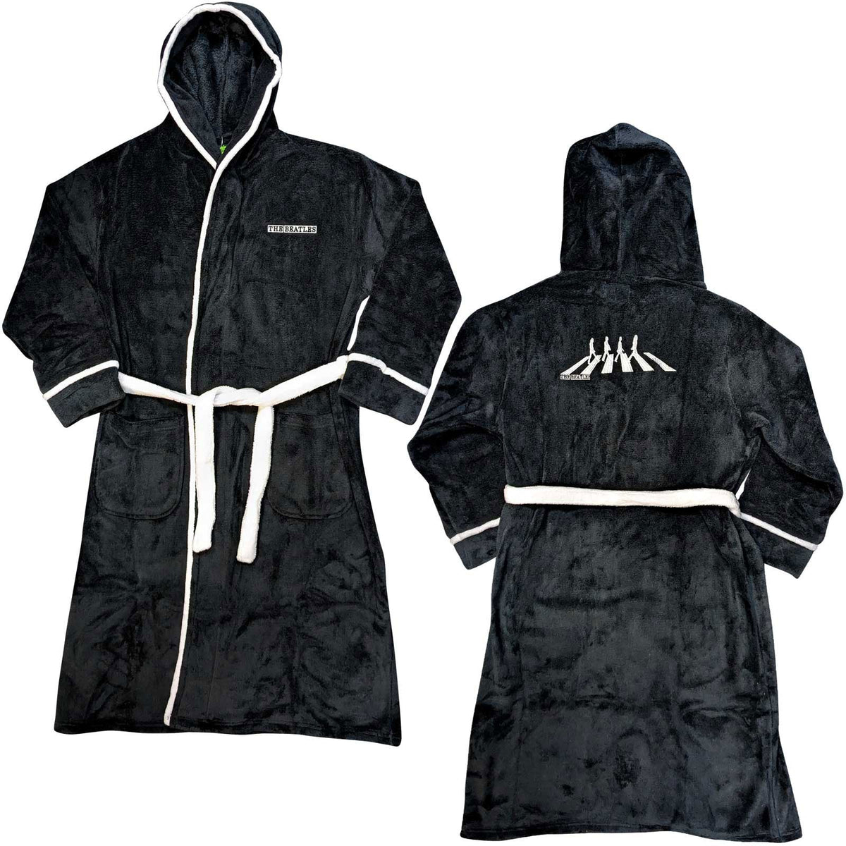 Man wearing a black, hooded bathrobe with white trim.
