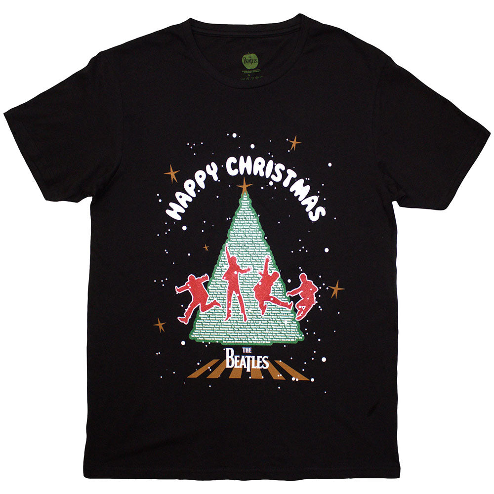 Beatles Christmas tree graphic on a black unisex t-shirt, size XX-Large.