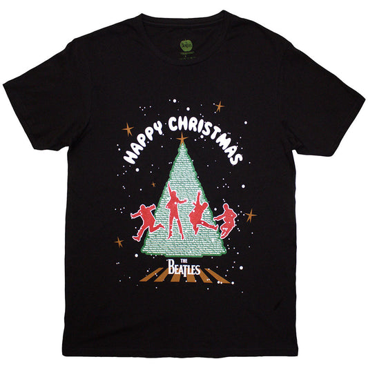 Beatles Christmas tree graphic on a black unisex t-shirt, size XX-Large.