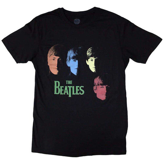 Unisex X-Large black t-shirt featuring a colorful graphic design of The Beatles' faces.