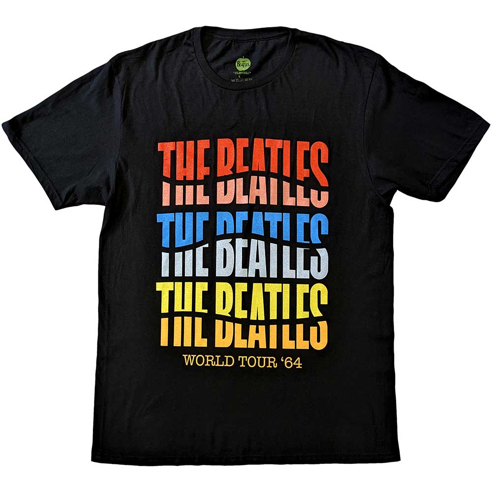 A black unisex t-shirt featuring a colorful, wavy graphic of The Beatles.