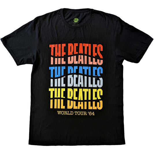 A black unisex t-shirt featuring a colorful, wavy graphic of The Beatles.