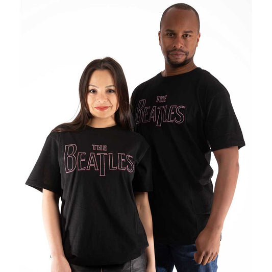 Medium unisex t-shirt with embroidered Beatles drop-T logo on chest.