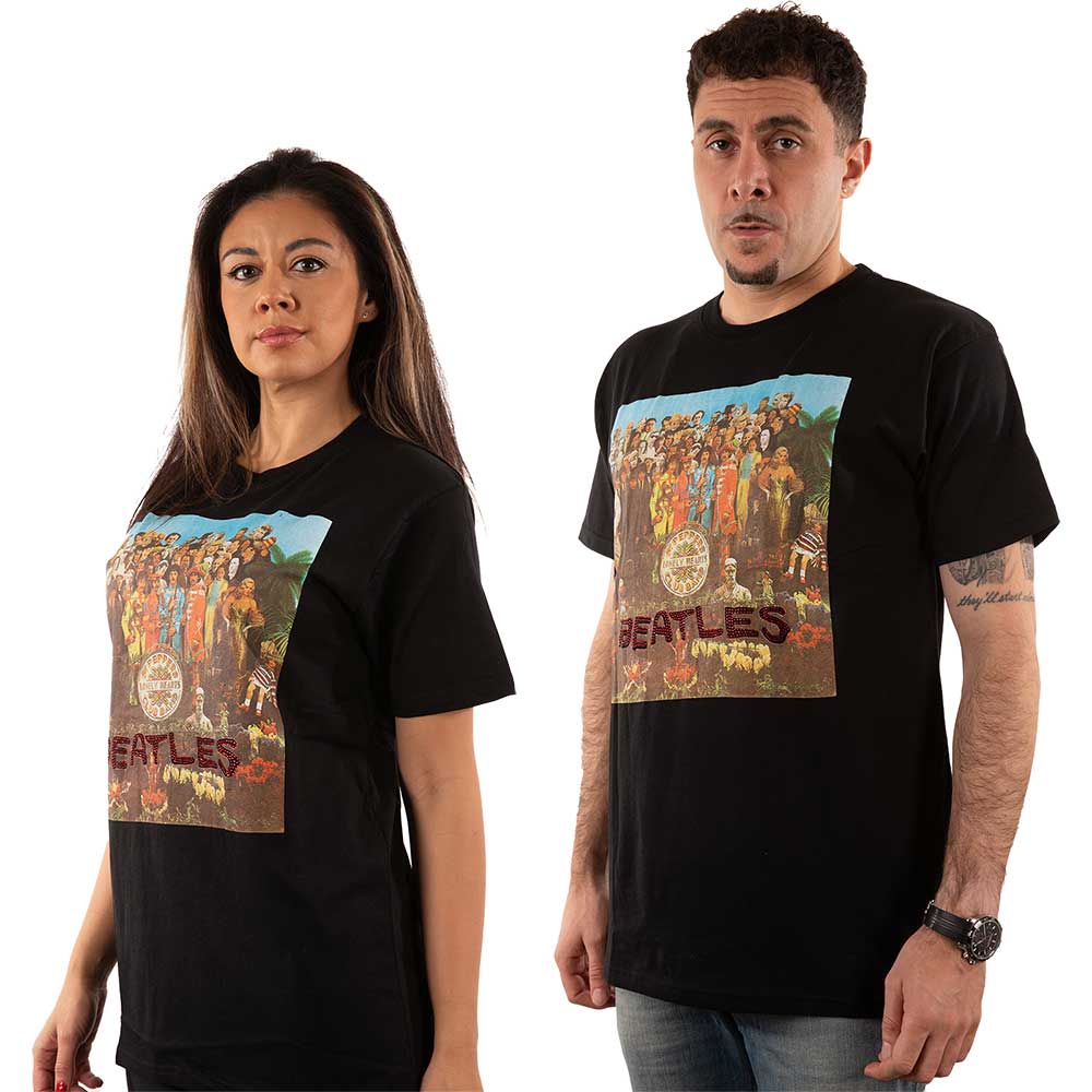Black Beatles "Sgt. Pepper" t-shirt modeled by a man and woman.
