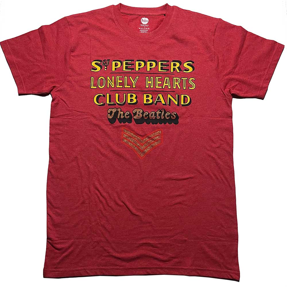 Red t-shirt with “Sgt Pepper’s Lonely Hearts Club Band” text and diamante detail.