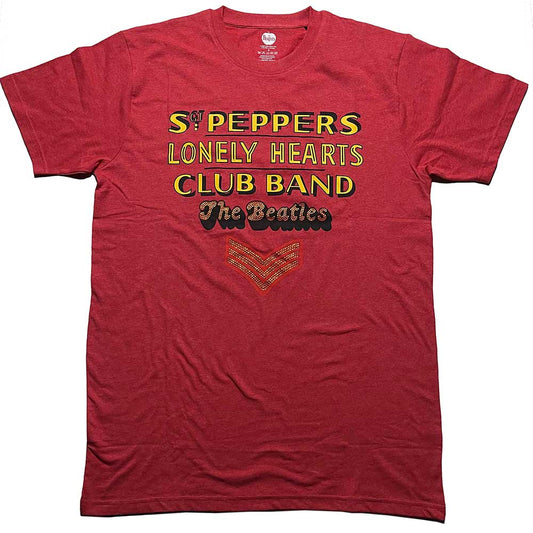 Red t-shirt with “Sgt Pepper’s Lonely Hearts Club Band” text and diamante detail.