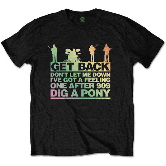 A man wearing a white t-shirt with a colorful Beatles Get Back song list graphic.