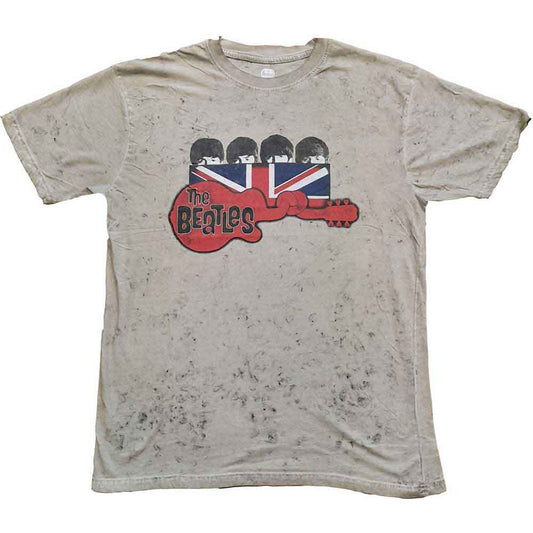 A grey snow-wash unisex t-shirt featuring a Beatles guitar and flag graphic design.