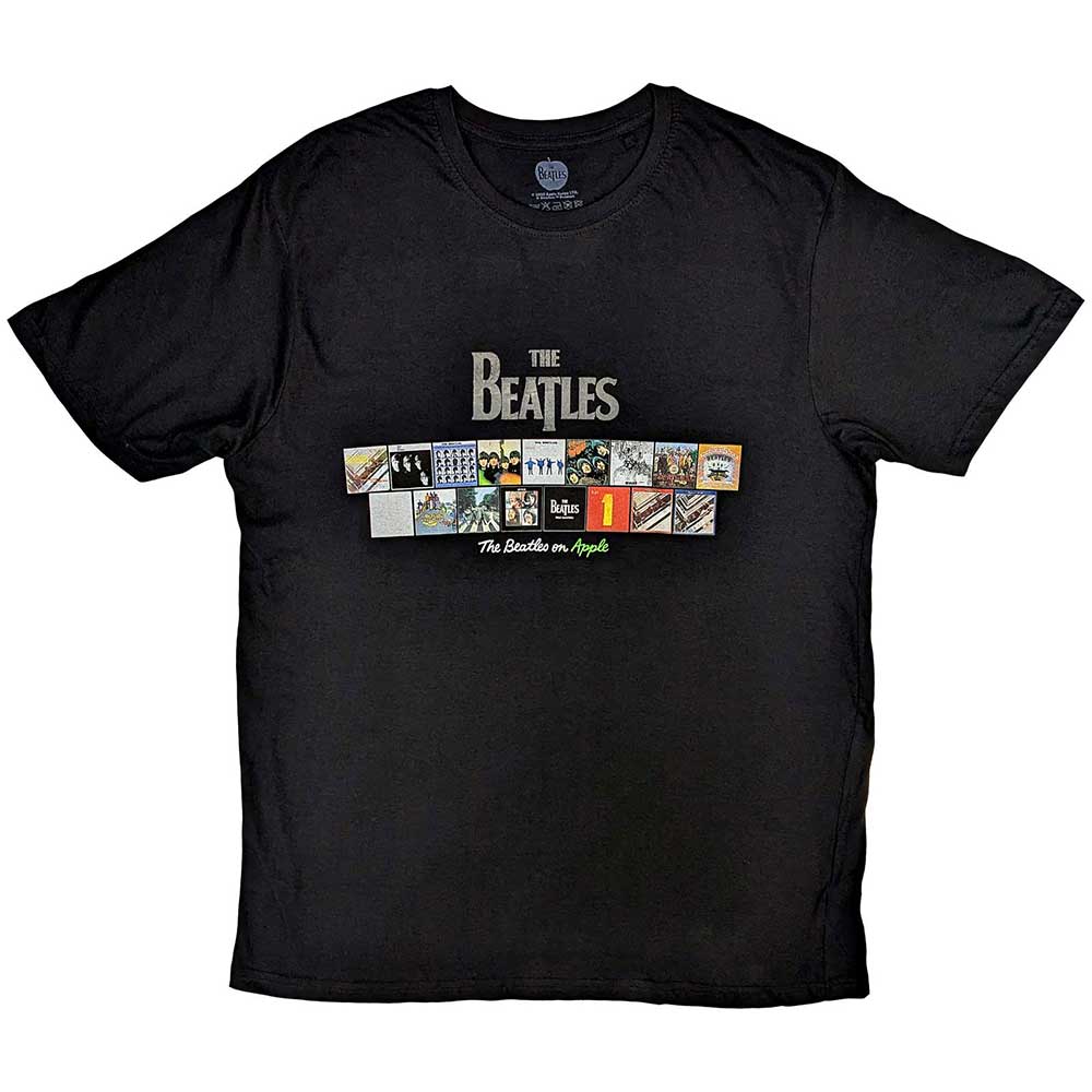 Large black t-shirt featuring Beatles album cover collage on front.