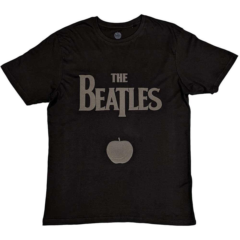 Black unisex t-shirt featuring the white Beatles drop T logo and green Apple icon.
