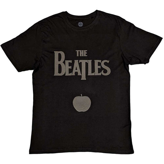 Black unisex t-shirt featuring the white Beatles drop T logo and green Apple icon.