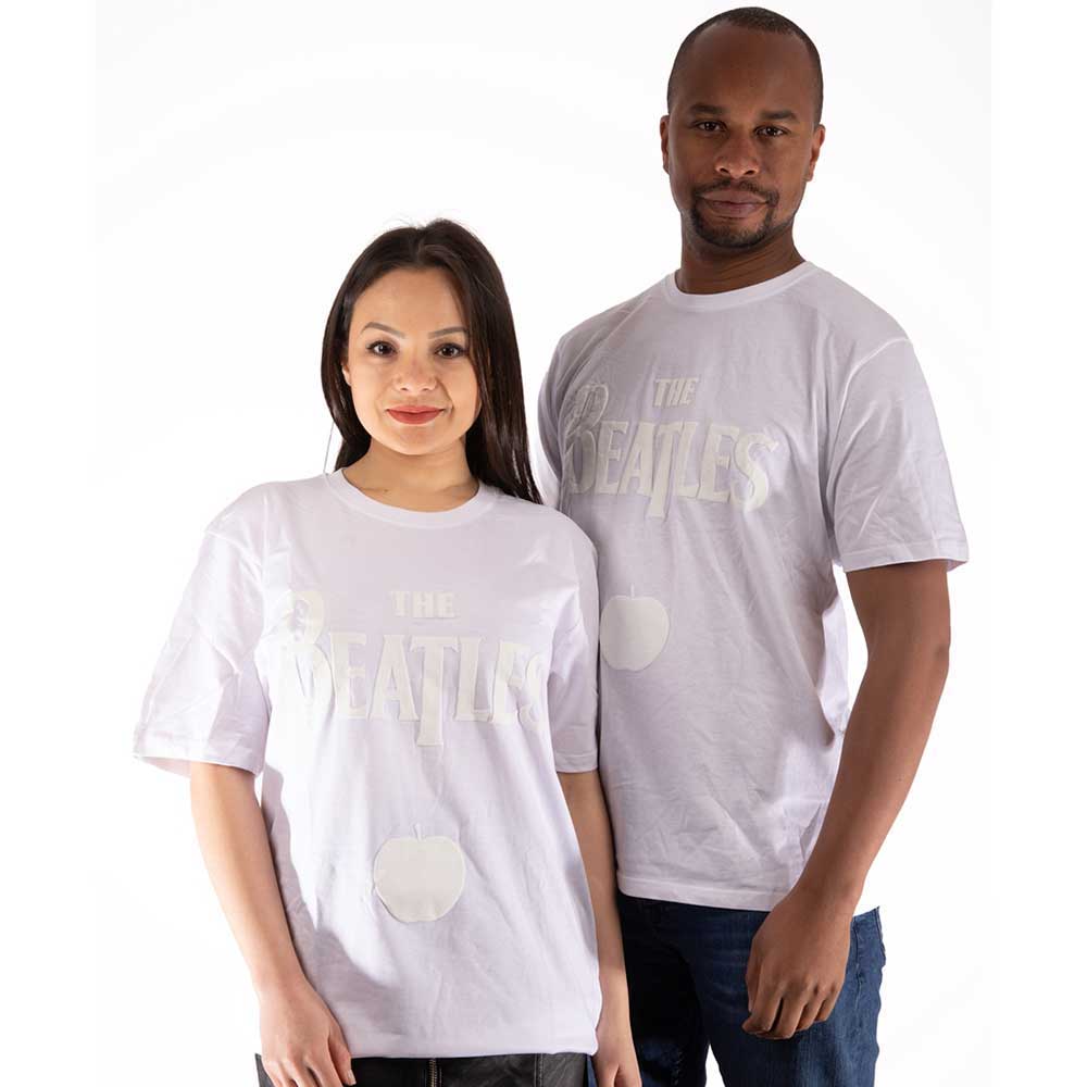 White unisex t-shirt featuring a subtle white-on-white The Beatles logo and apple icon.