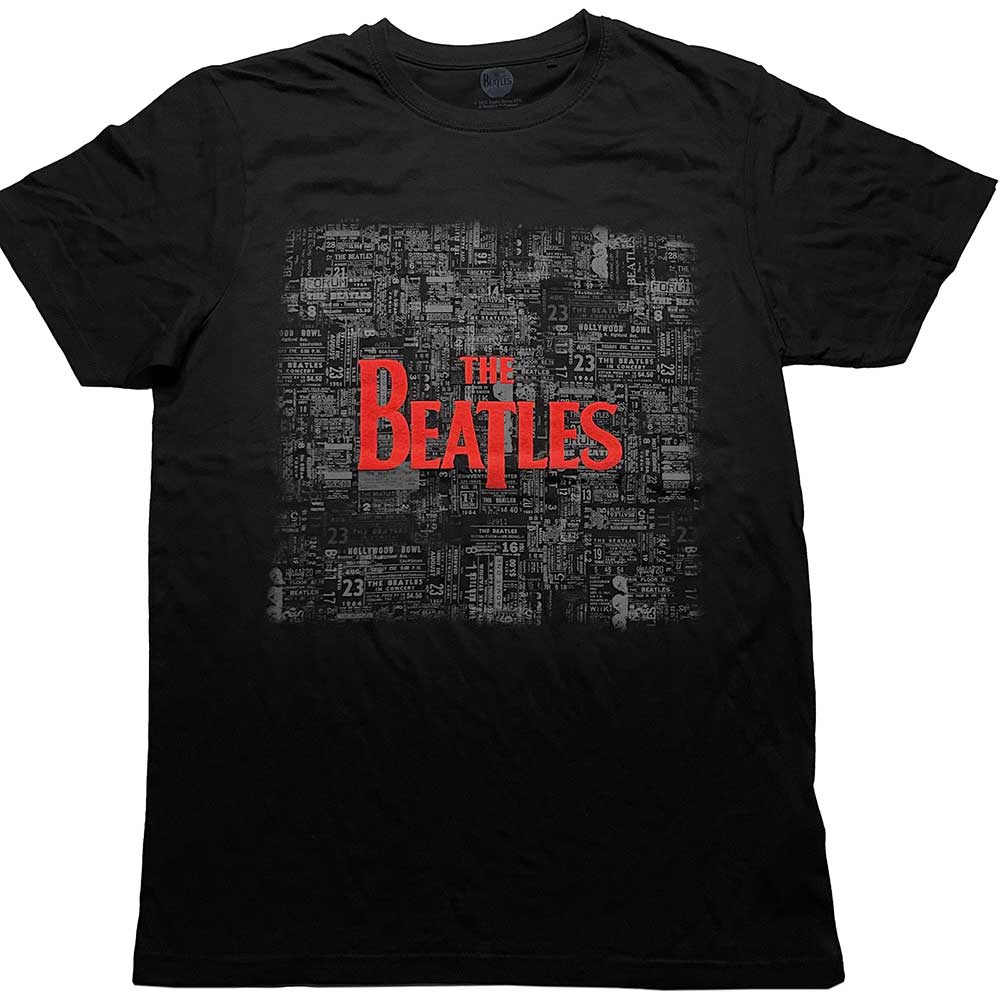 Black unisex t-shirt featuring The Beatles logo and vintage concert ticket graphic.