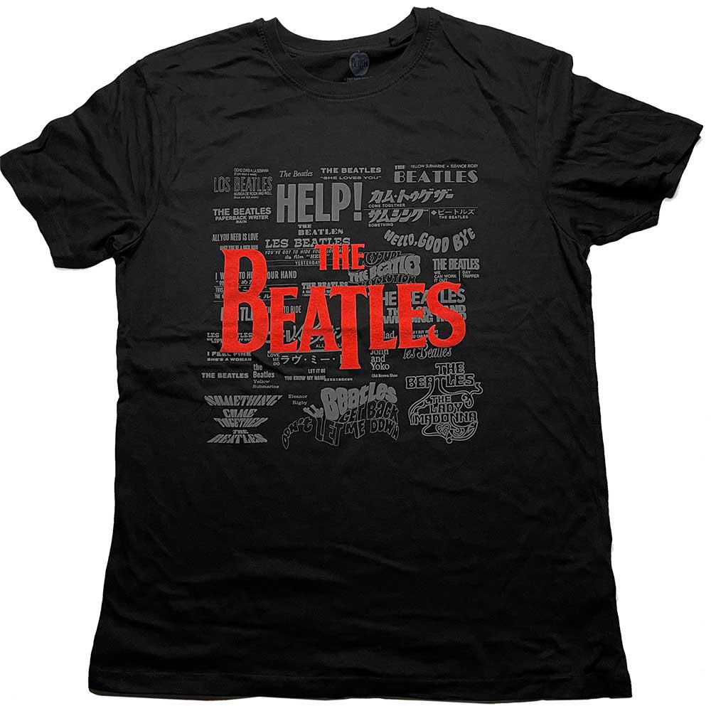 A black unisex T-shirt featuring various The Beatles logos and song titles in white.