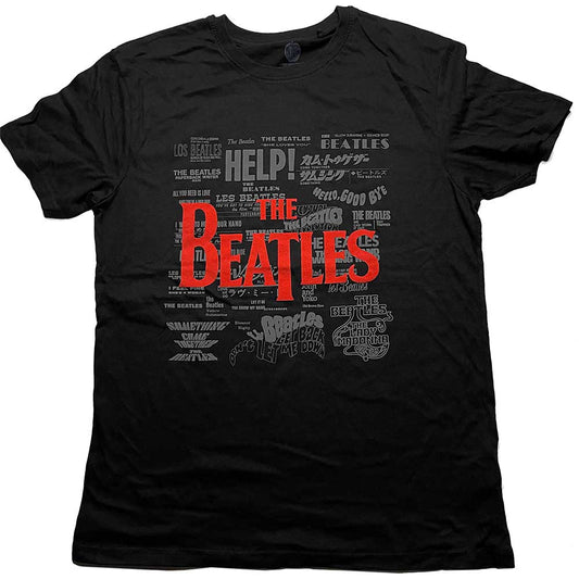 A black unisex T-shirt featuring various The Beatles logos and song titles in white.