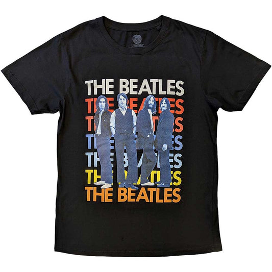 Unisex X-Large black t-shirt featuring a multicoloured The Beatles logo graphic on the chest.