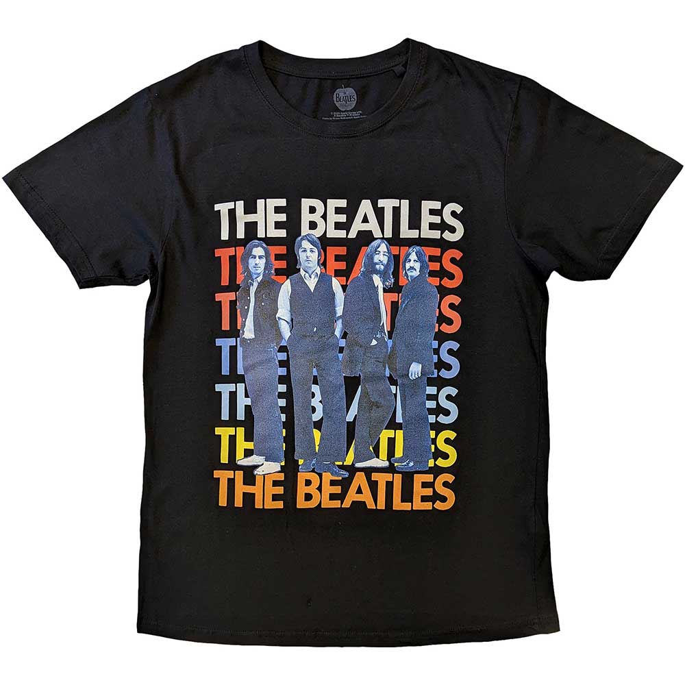 Unisex X-Large black t-shirt featuring a multicoloured The Beatles logo graphic on the chest.