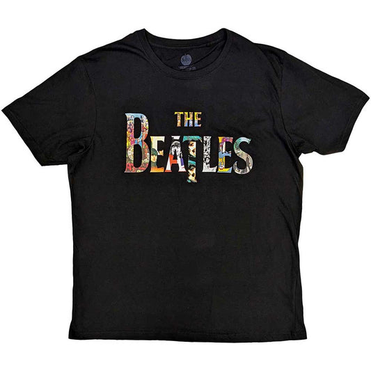 Small black t-shirt with white Beatles logo graphic on the chest.