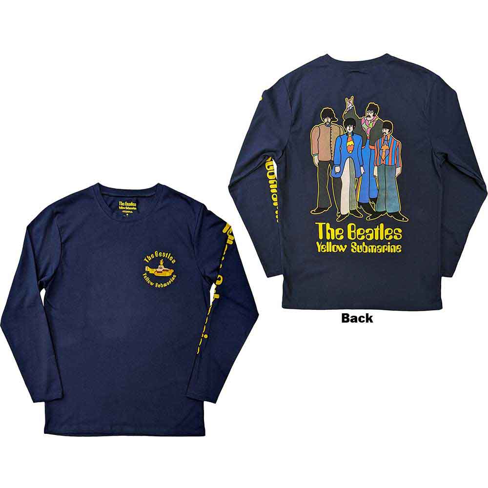Navy blue long sleeve t-shirt featuring Yellow Submarine Beatles graphics on back and sleeves.