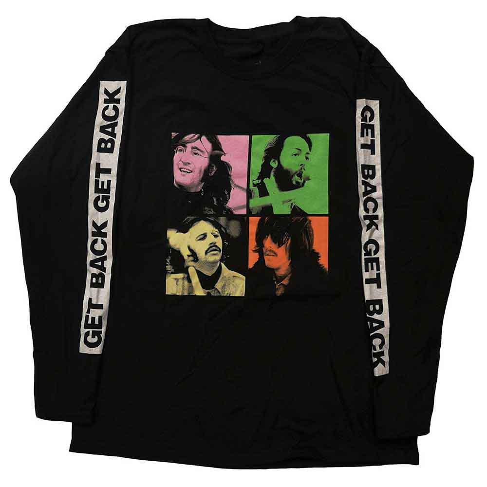 Black long-sleeved t-shirt with colorful Beatles portraits and “Get Back” text.