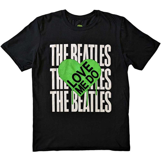 A black unisex t-shirt featuring a red graffiti-style heart and The Beatles logo.
