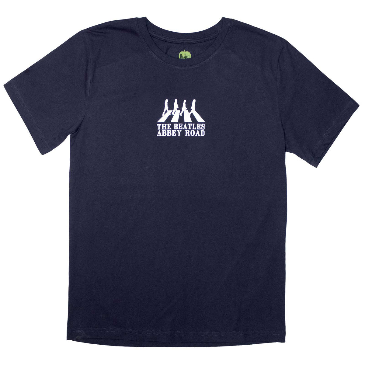 Black t-shirt with a small, white silhouette of the Abbey Road crossing and The Beatles.