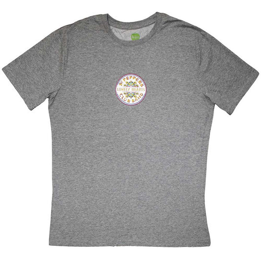 A black unisex t-shirt featuring a small Sgt. Pepper drum graphic on the chest.