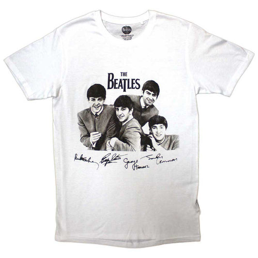 Black unisex t-shirt featuring The Beatles mop top silhouettes and band member signatures.
