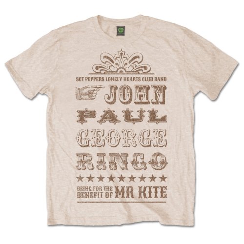 Grey Beatles “Mr. Kite” t-shirt with band member names printed on front.