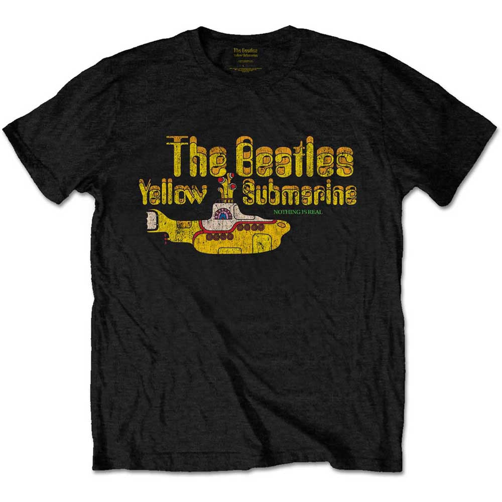 Black t-shirt with yellow “Yellow Submarine” graphic and text.