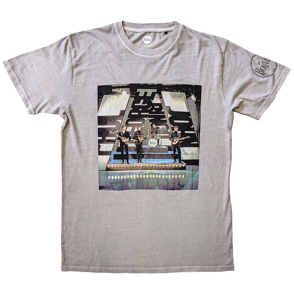 Black Beatles t-shirt with sleeve print of band performing on stage.