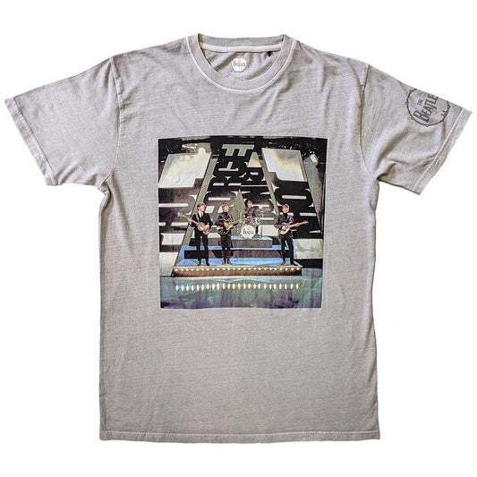 Black Beatles t-shirt with sleeve print of band performing on stage.