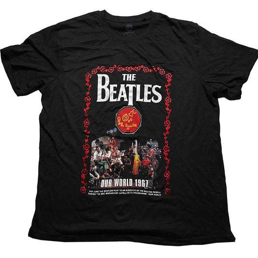 A black unisex t-shirt featuring The Beatles Our World 1967 graphic design.