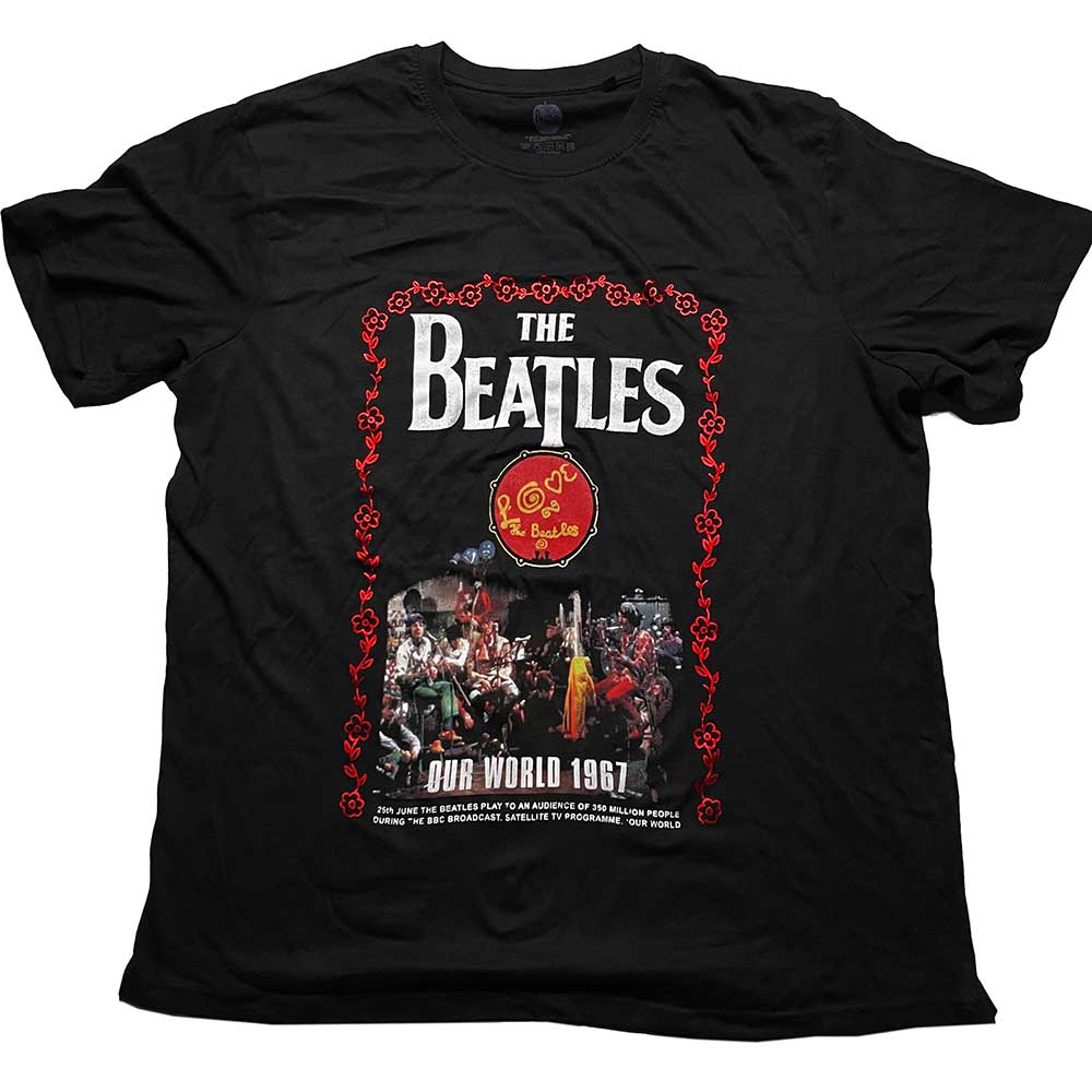 Black Beatles t-shirt with "Our World 1967" graphic and band image.