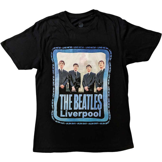 Large unisex t-shirt featuring The Beatles at Pier Head in a framed photo.